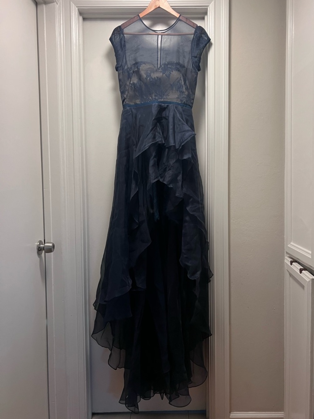 Nha Khanh Silk Evening High Low Tulle Layered Mini Maxi Combo Blue Sheer Size 6